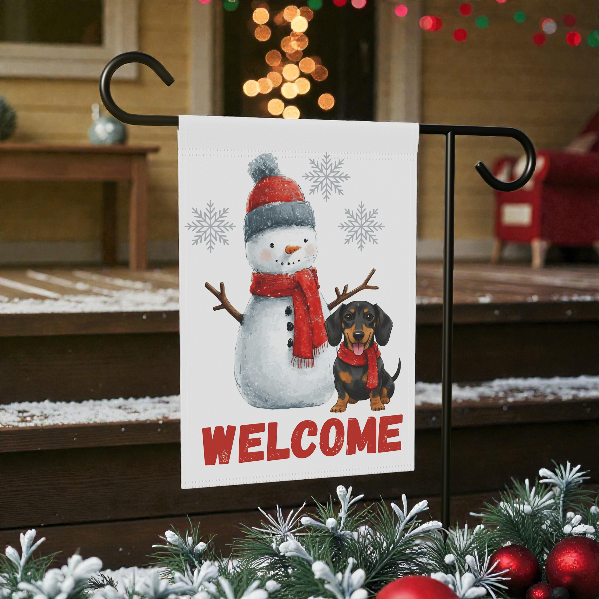 Dachshund and Snowman Christmas Garden Flag - lifestyle display - Dragonfire Gardens