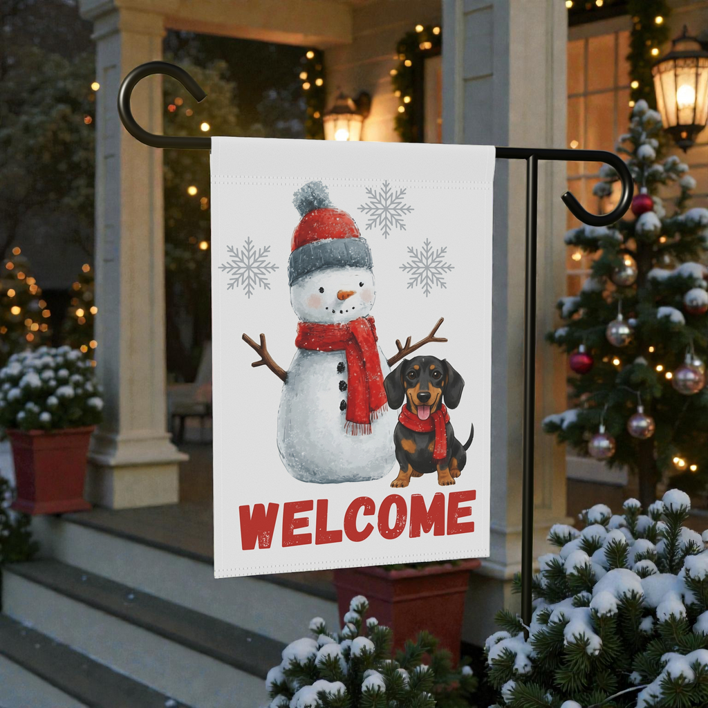 Dachshund and Snowman Christmas Garden Flag - size comparison - Dragonfire Gardens