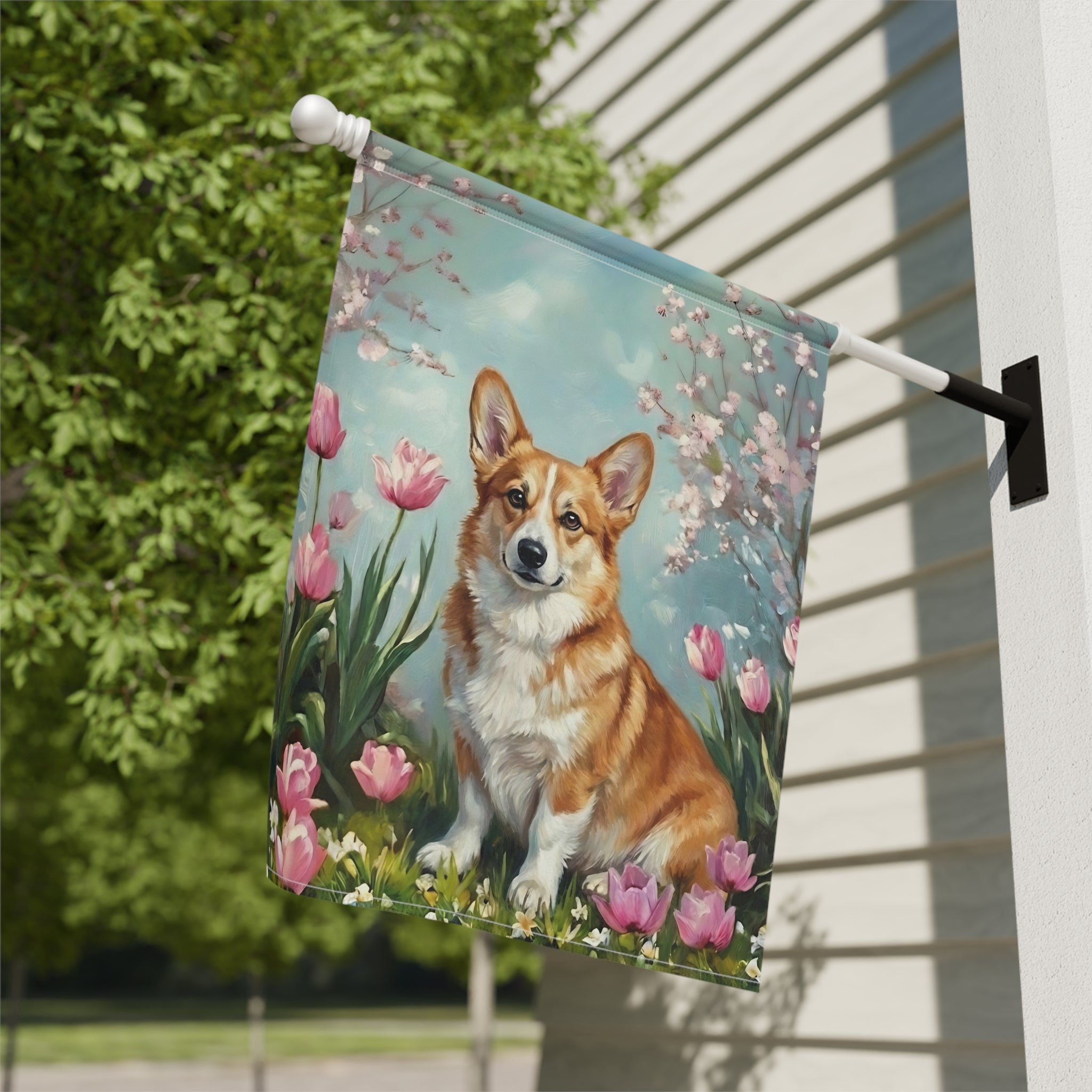 Corgi in the Tulips Spring Garden Flag