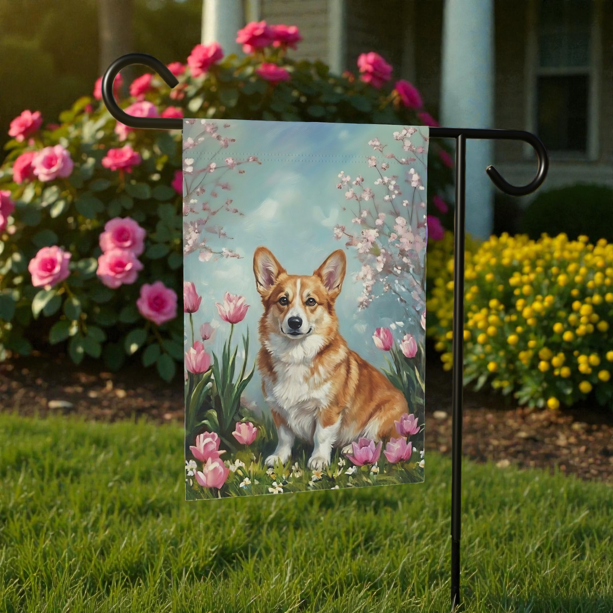 Corgi in the Tulips Spring Garden Flag