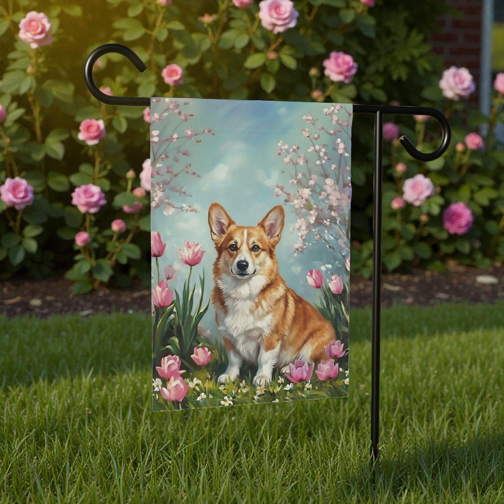Corgi in the Tulips Spring Garden Flag