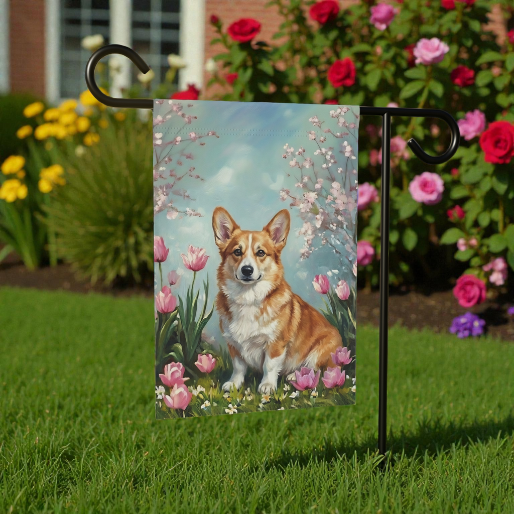 Corgi in the Tulips Spring Garden Flag