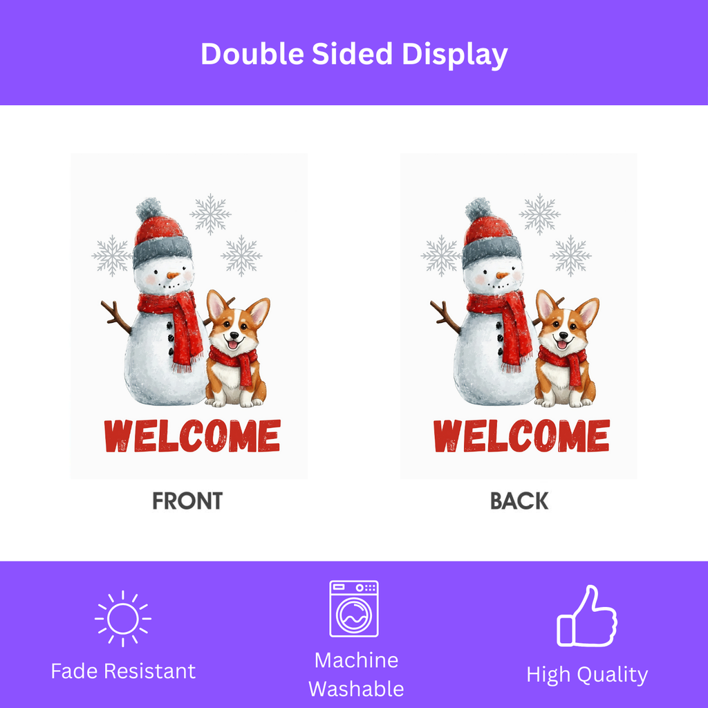 Corgi and Snowman Christmas Garden Flag - double-sided design - Dragonfire Gardens