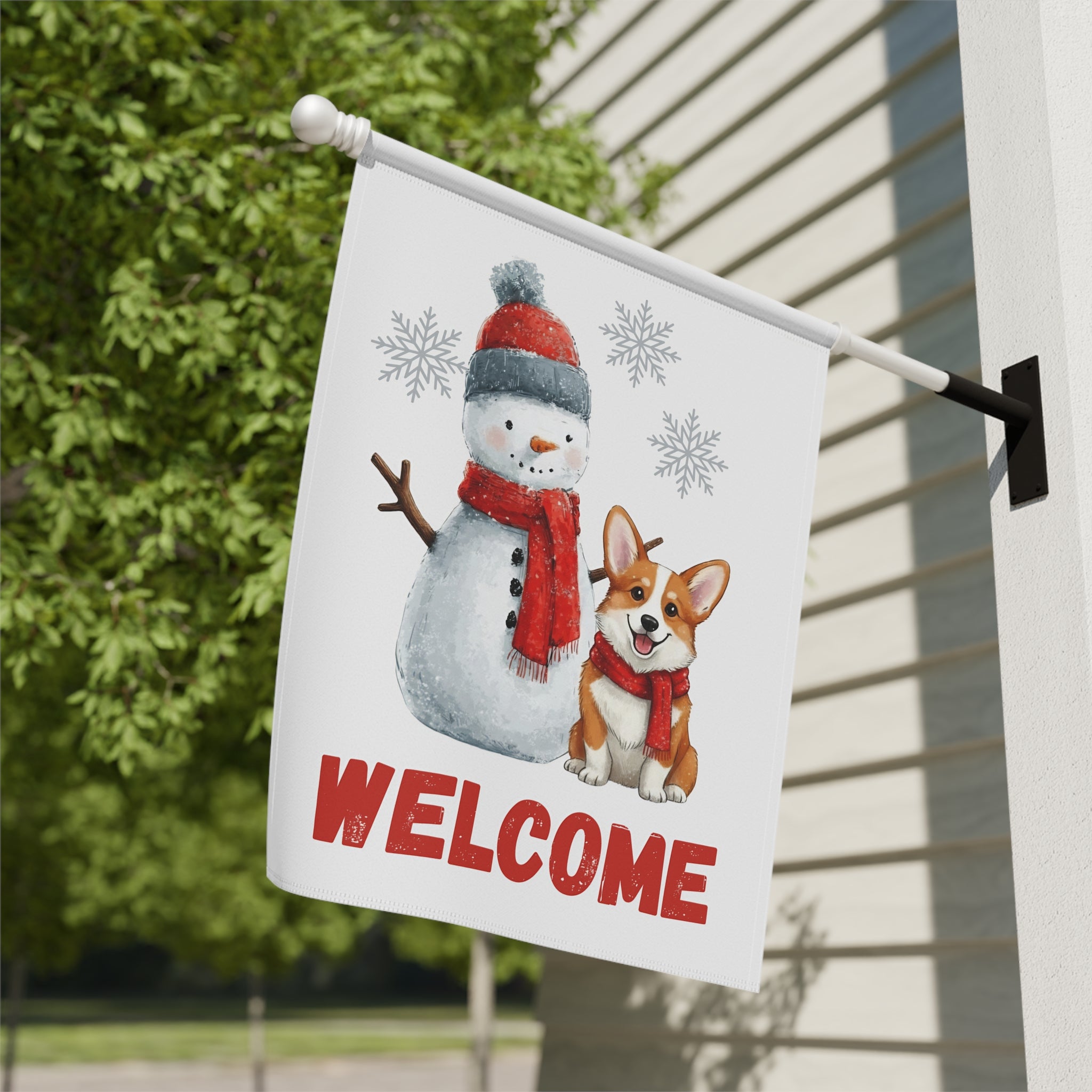 Corgi and Snowman Christmas Garden Flag - close-up detail - Dragonfire Gardens