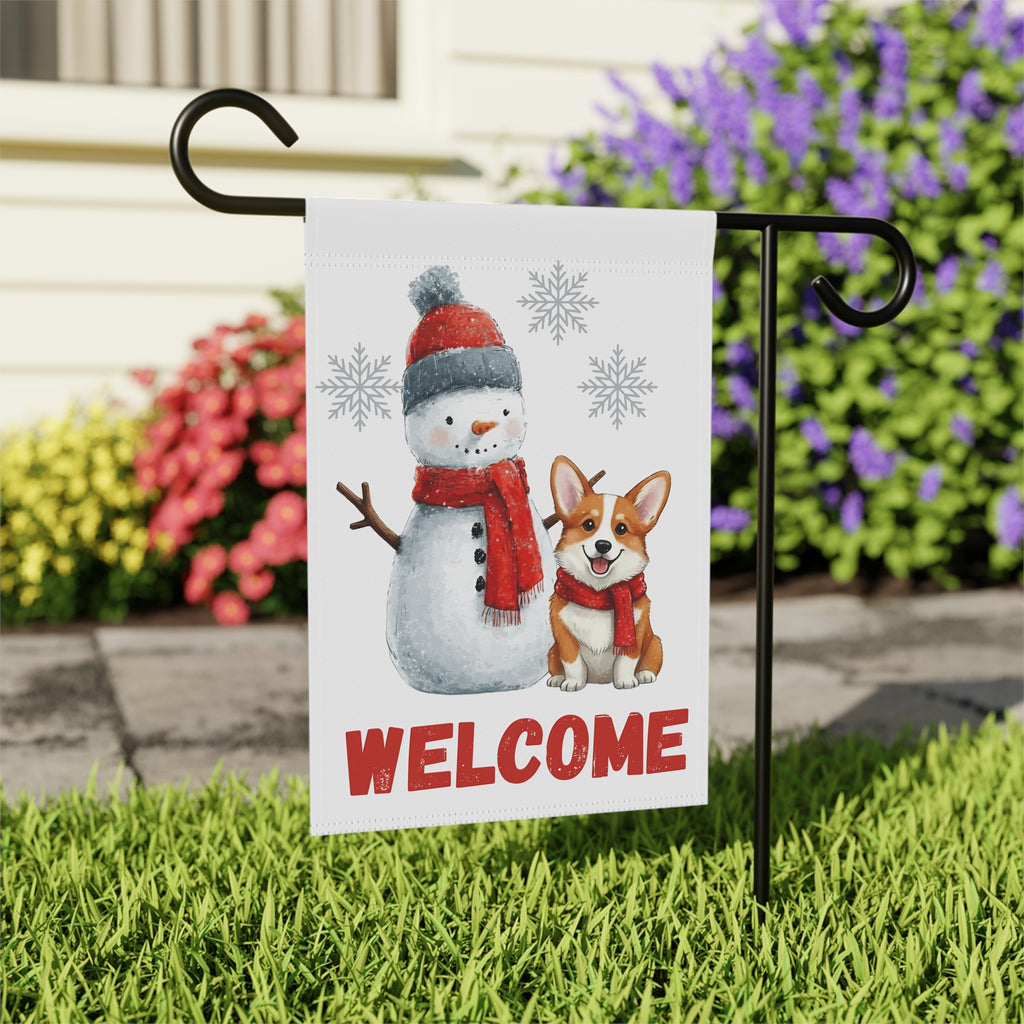 Corgi and Snowman Christmas Garden Flag - outdoor display - Dragonfire Gardens