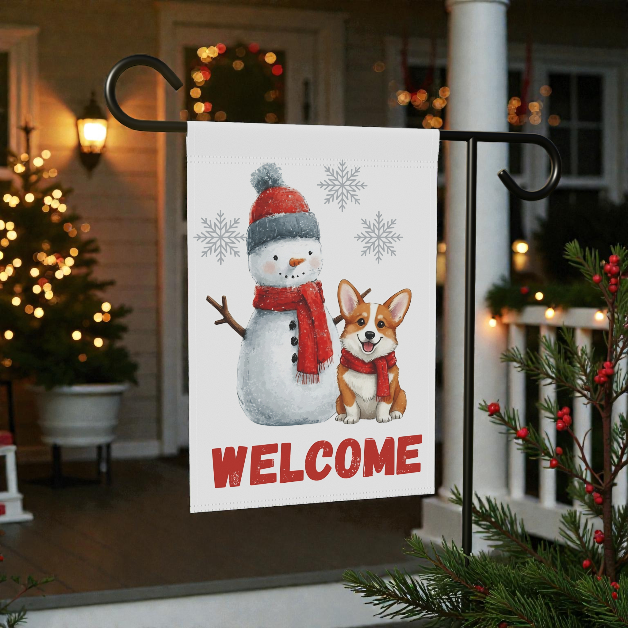 Corgi and Snowman Christmas Garden Flag - front view - Dragonfire Gardens