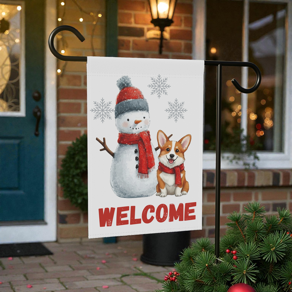 Corgi and Snowman Christmas Garden Flag - size comparison - Dragonfire Gardens