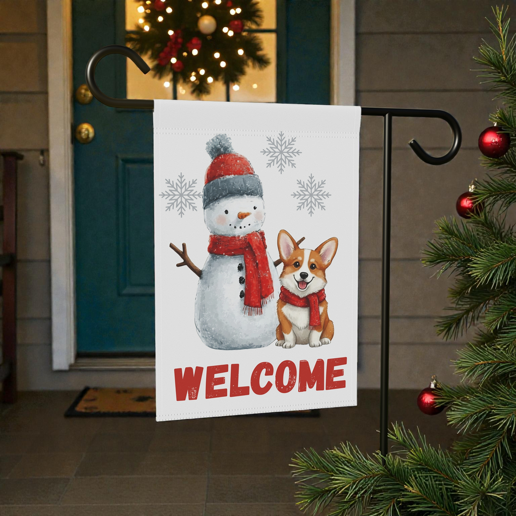 Corgi and Snowman Christmas Garden Flag - lifestyle display - Dragonfire Gardens