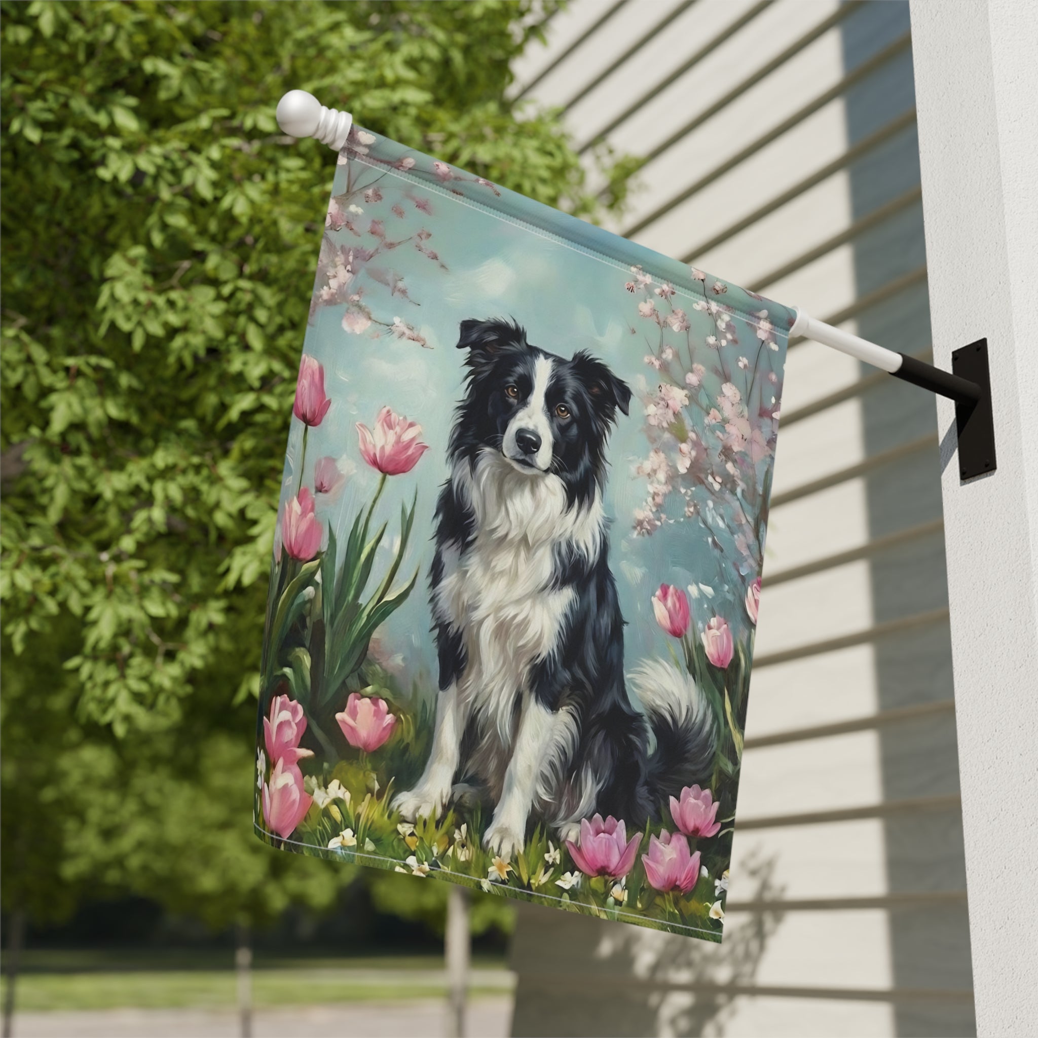 Border Collie In the Tulips Spring Garden Flag - close-up detail - Dragonfire Gardens