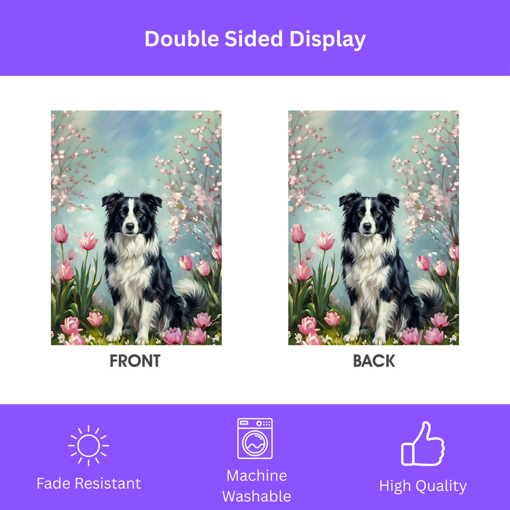 Border Collie In the Tulips Spring Garden Flag - double-sided design - Dragonfire Gardens