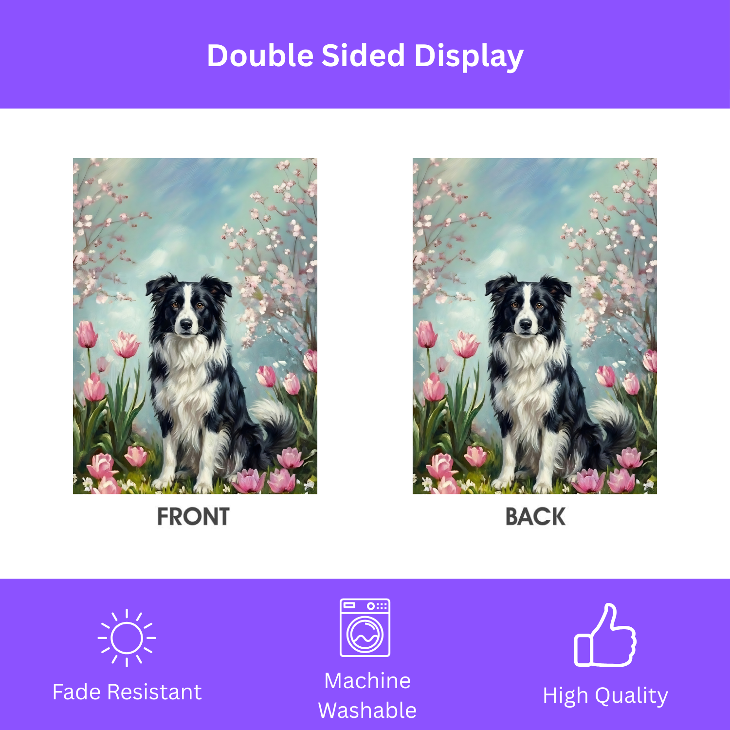 Border Collie In the Tulips Spring Garden Flag - double-sided design - Dragonfire Gardens