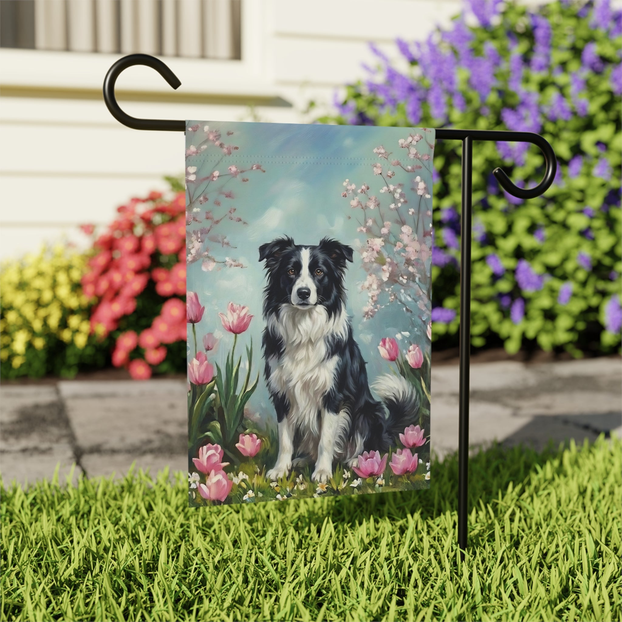 Border Collie In the Tulips Spring Garden Flag - outdoor display - Dragonfire Gardens