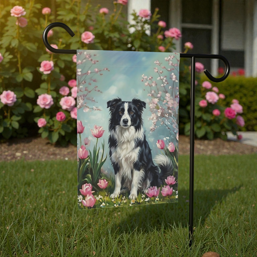 Border Collie In the Tulips Spring Garden Flag - size comparison - Dragonfire Gardens