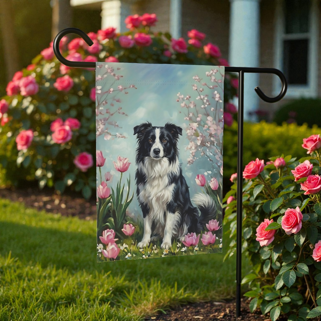 Border Collie In the Tulips Spring Garden Flag - front view - Dragonfire Gardens