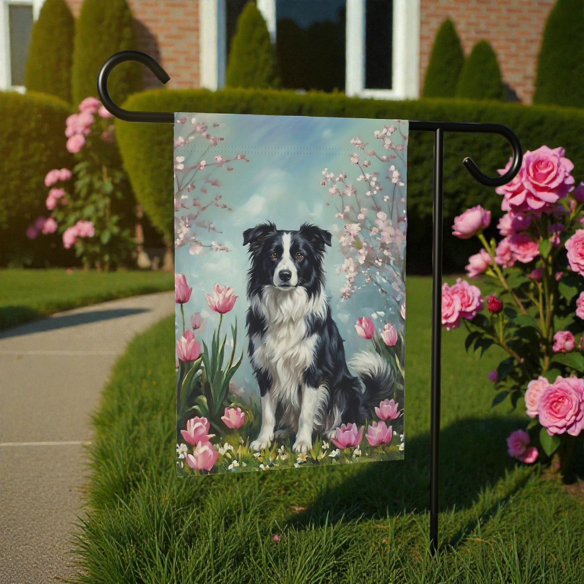 Border Collie In the Tulips Spring Garden Flag - lifestyle display - Dragonfire Gardens