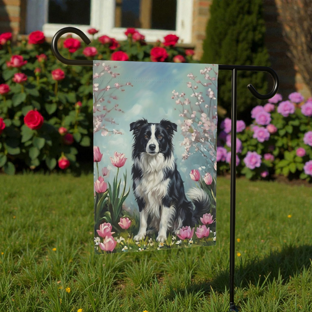 Border Collie In the Tulips Spring Garden Flag - product detail - Dragonfire Gardens
