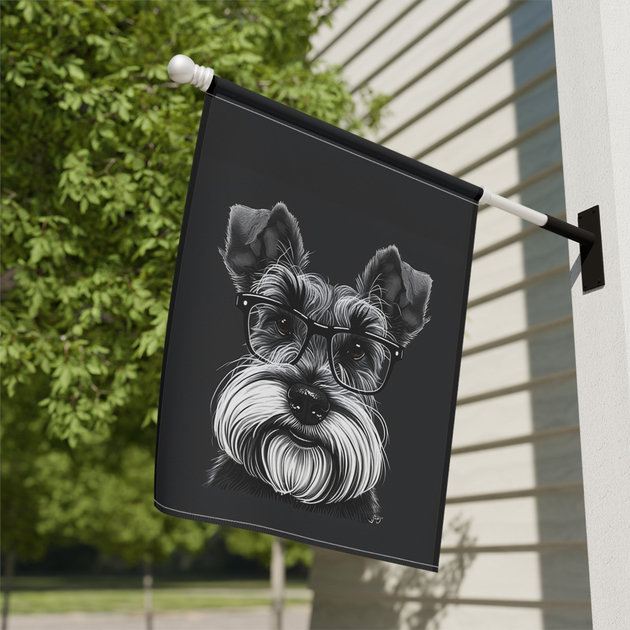 Black and White Schnauzer Garden Flag - close-up detail - Dragonfire Gardens