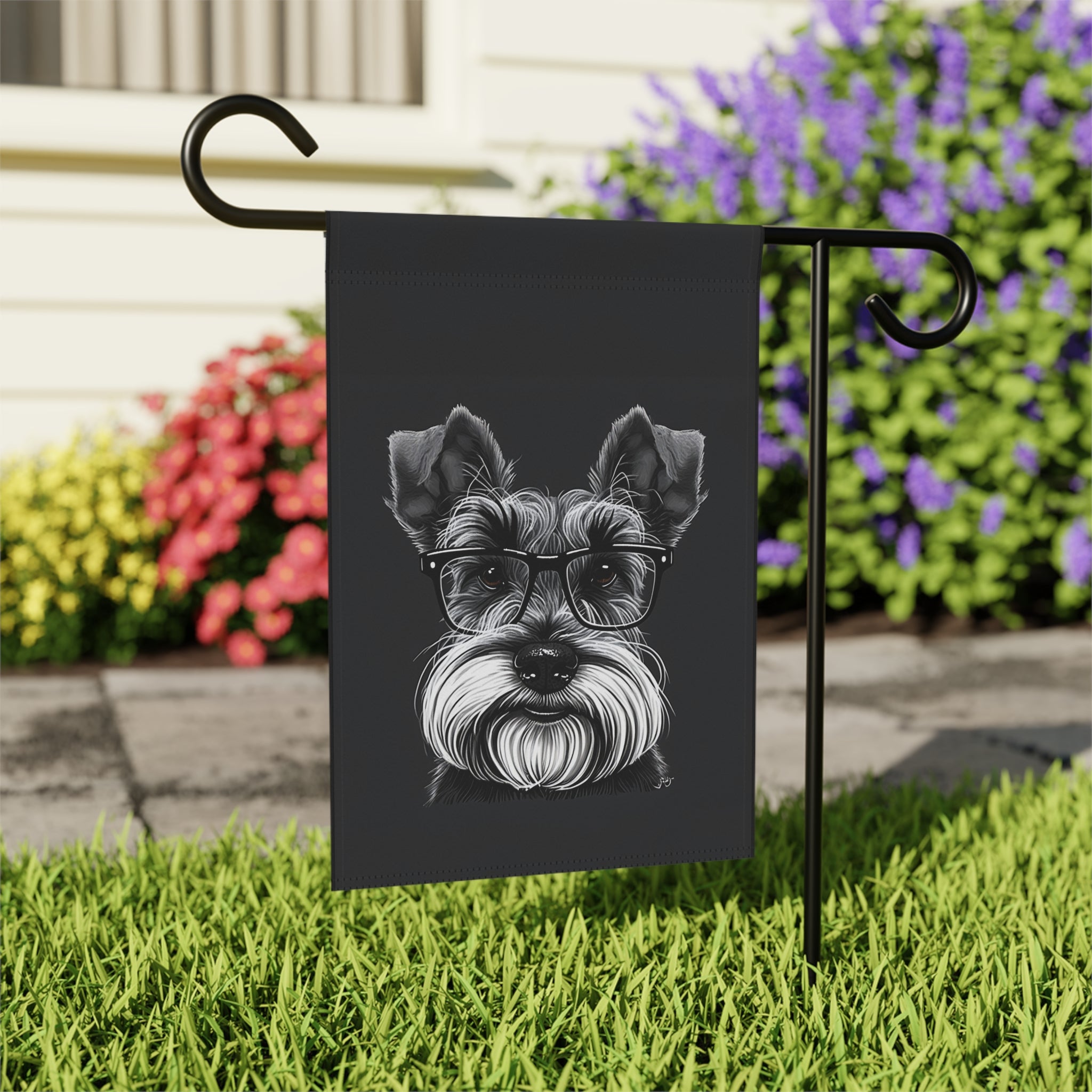 Black and White Schnauzer Garden Flag - outdoor display - Dragonfire Gardens