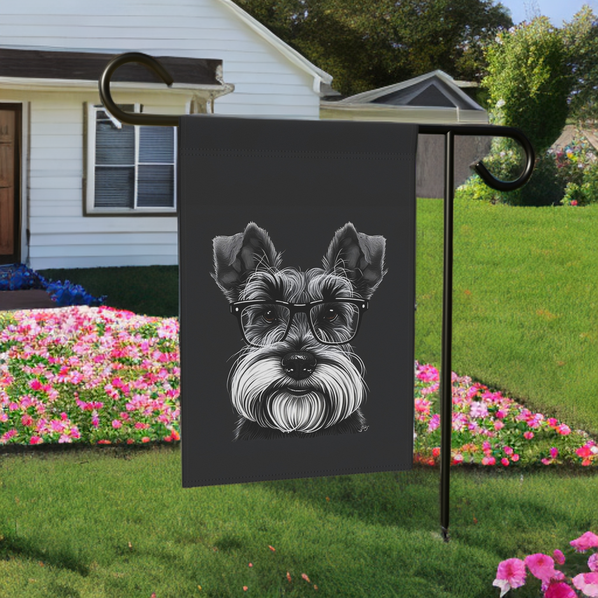 Black and White Schnauzer Garden Flag - size comparison - Dragonfire Gardens