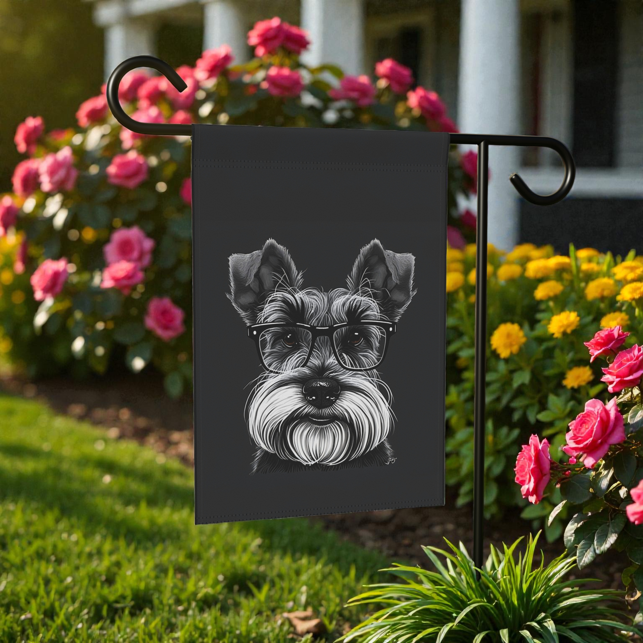 Black and White Schnauzer Garden Flag - front view - Dragonfire Gardens