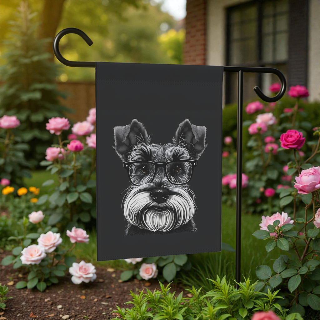 Black and White Schnauzer Garden Flag - lifestyle display - Dragonfire Gardens