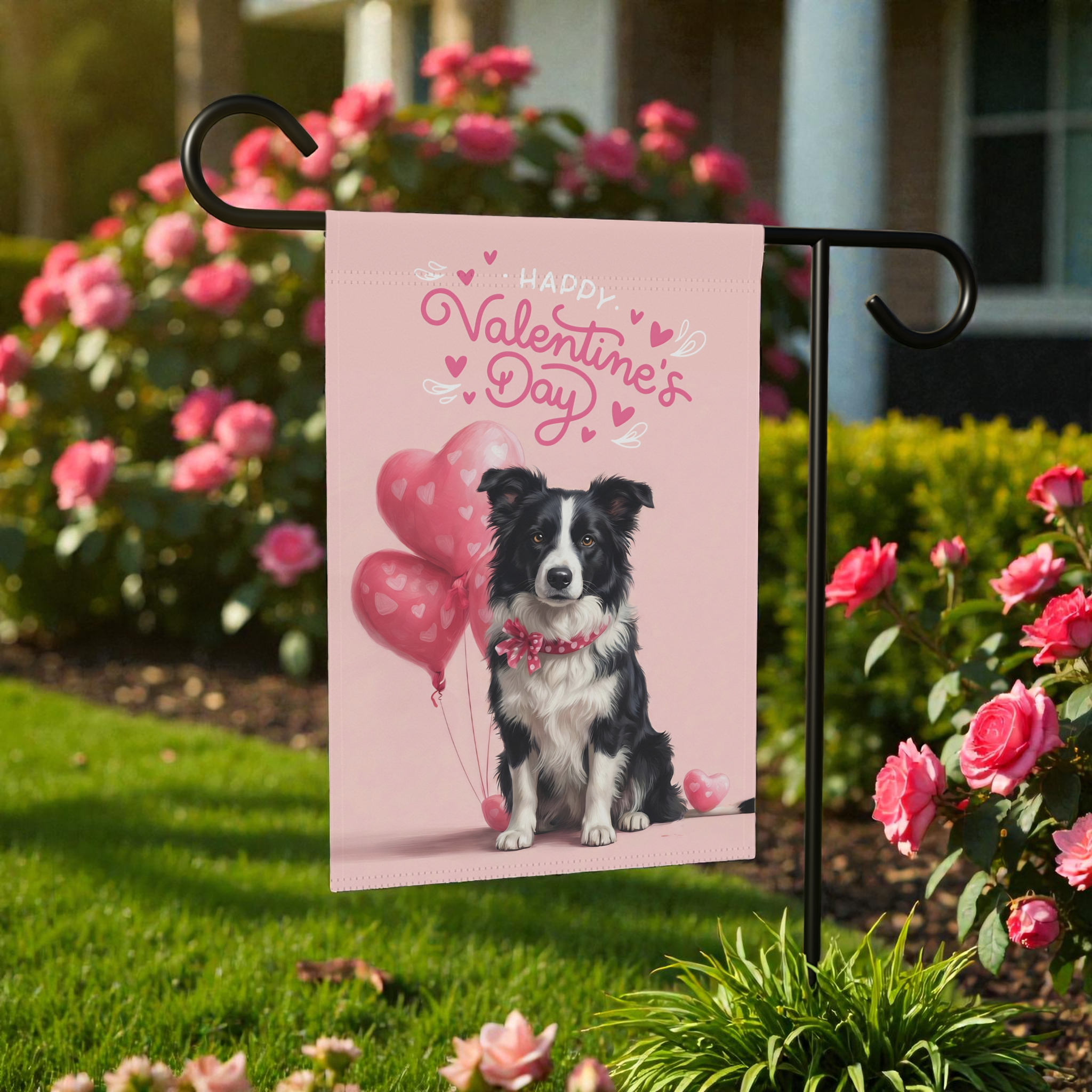 Border Collie Happy Valentine's Day Garden Flag