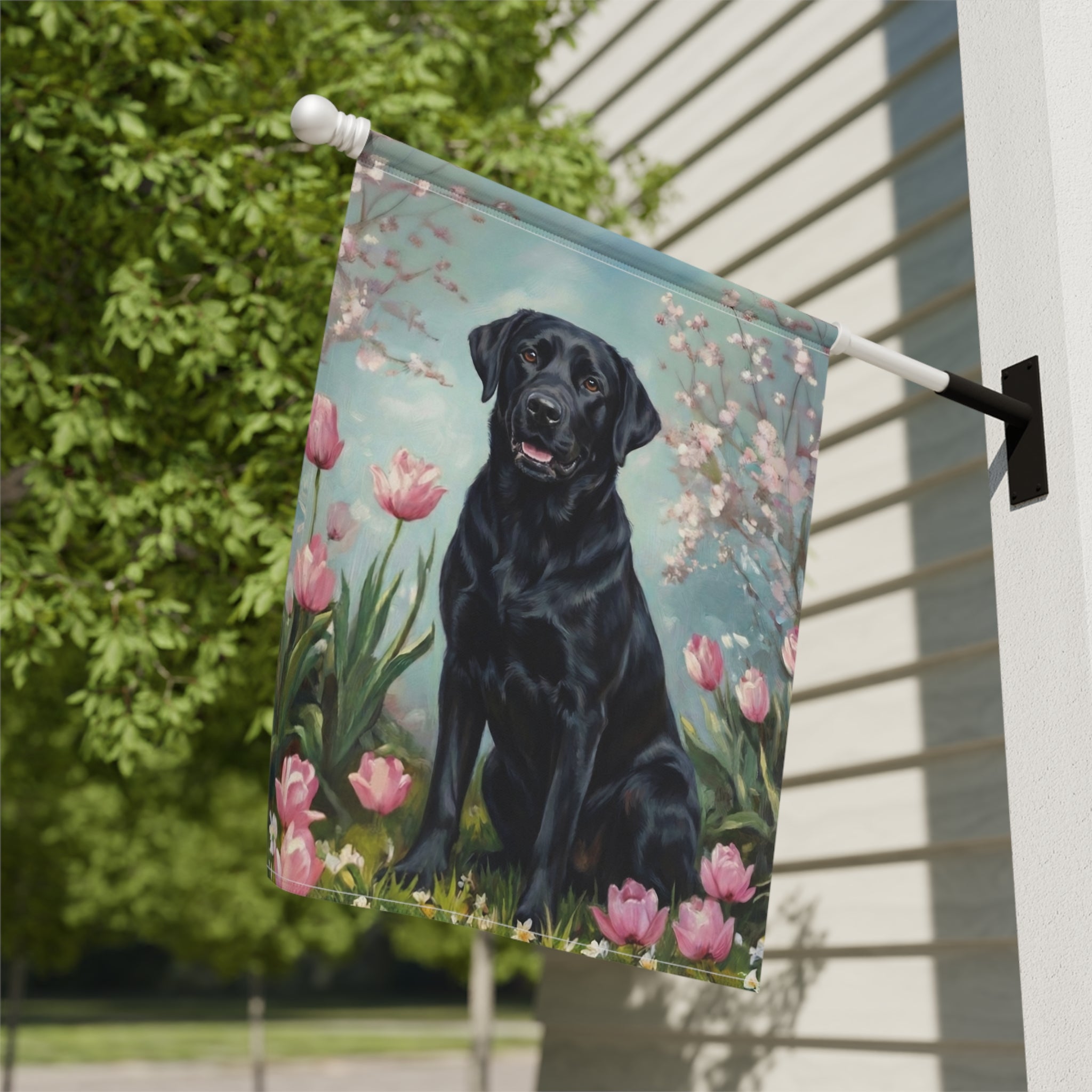 Black Labrador Retriever in the Tulips Spring Garden Flag - close-up detail - Dragonfire Gardens
