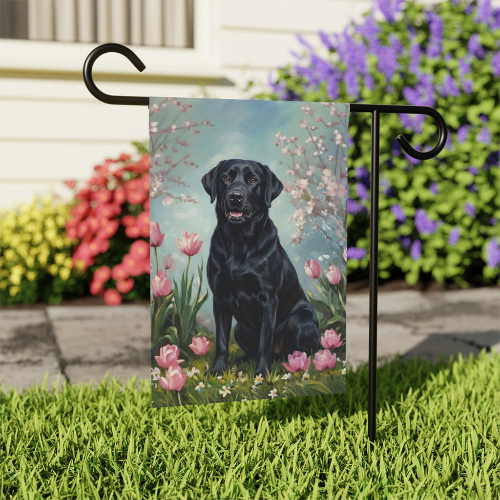 Black Labrador Retriever in the Tulips Spring Garden Flag