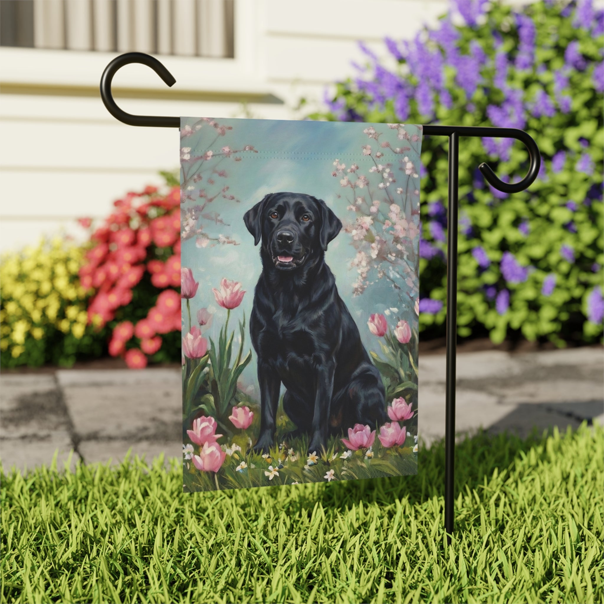 Black Labrador Retriever in the Tulips Spring Garden Flag