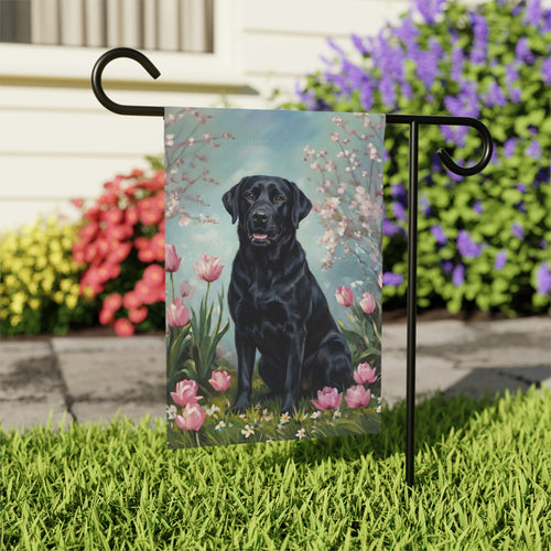 Black Labrador Retriever in the Tulips Spring Garden Flag - outdoor display - Dragonfire Gardens
