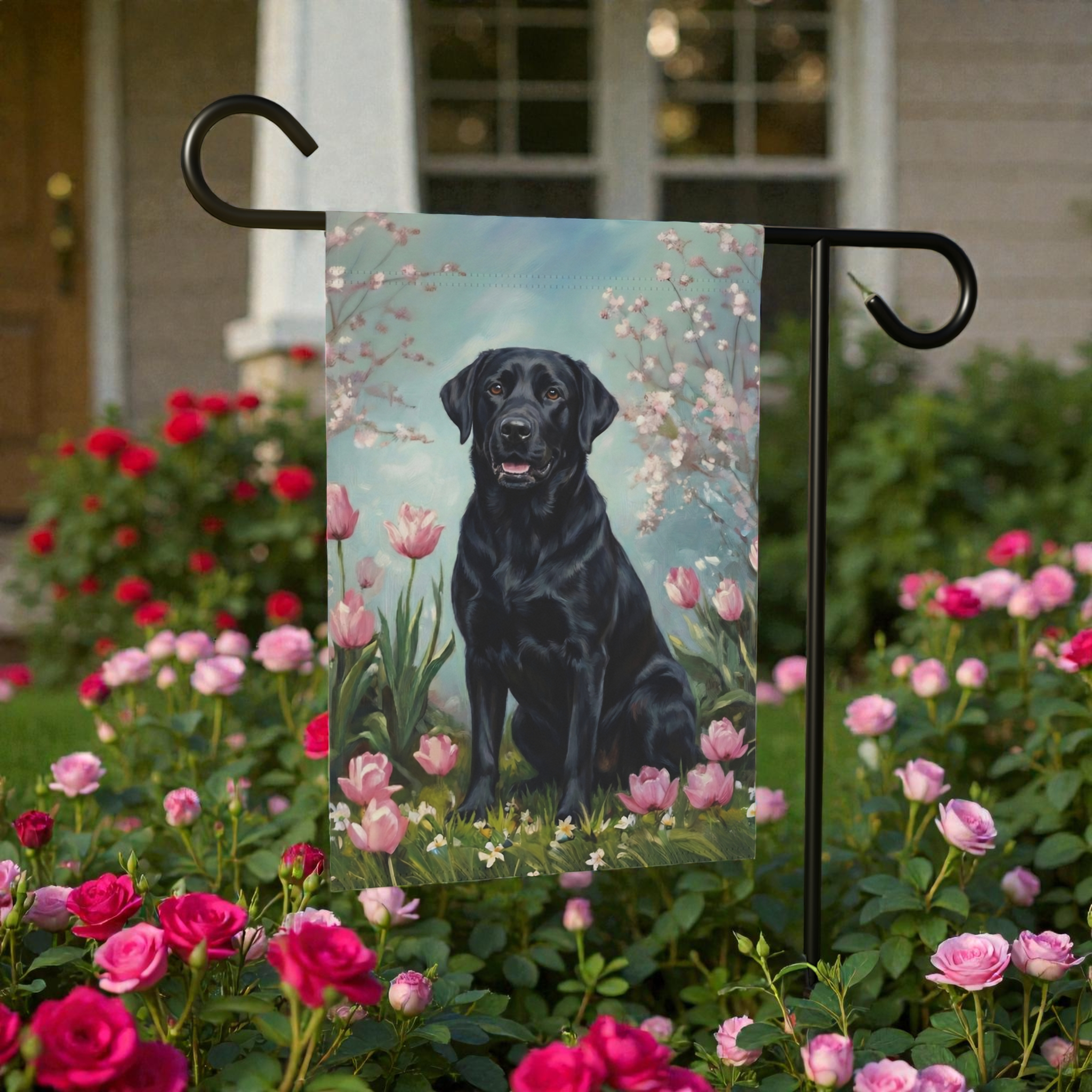 Black Labrador Retriever in the Tulips Spring Garden Flag