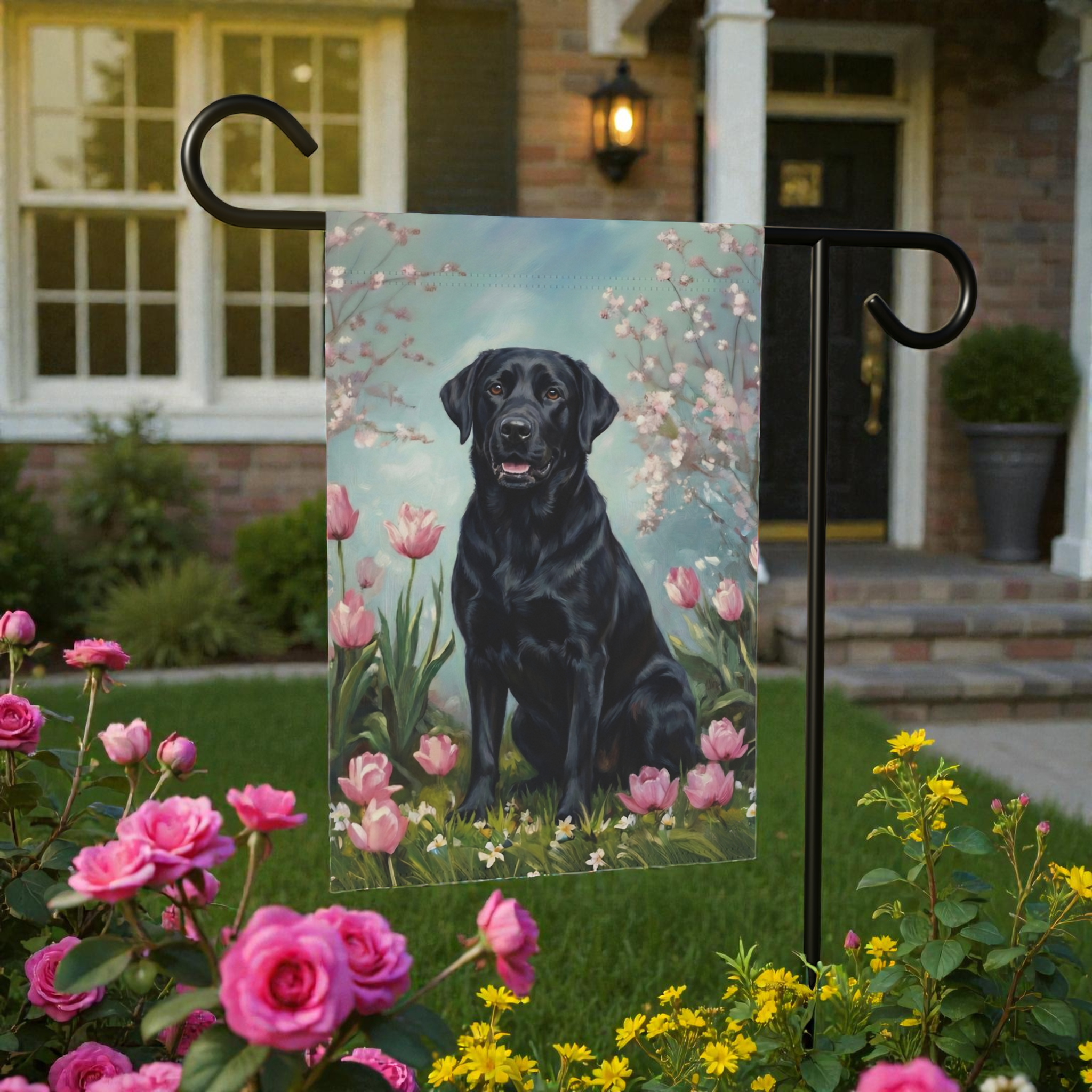 Black Labrador Retriever in the Tulips Spring Garden Flag