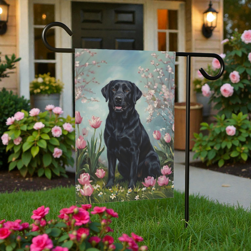 Black Labrador Retriever in the Tulips Spring Garden Flag - front view - Dragonfire Gardens