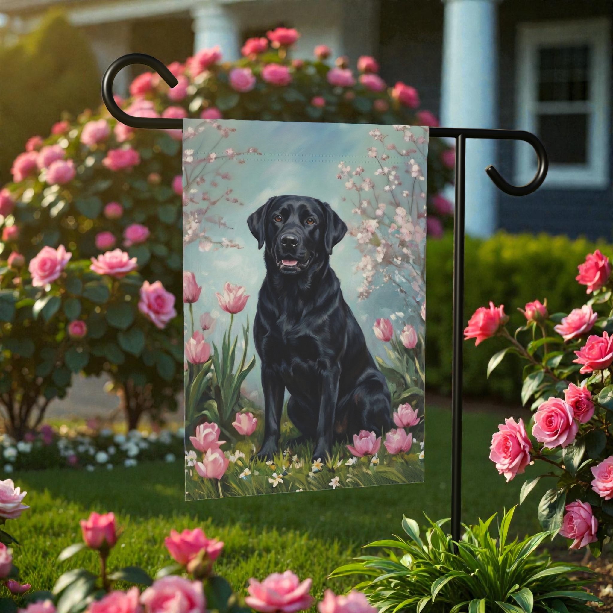 Black Labrador Retriever in the Tulips Spring Garden Flag