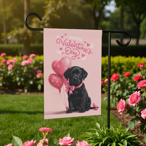 Black Labrador Retriever Happy Valentine's Day Garden Flag - front view - Dragonfire Gardens