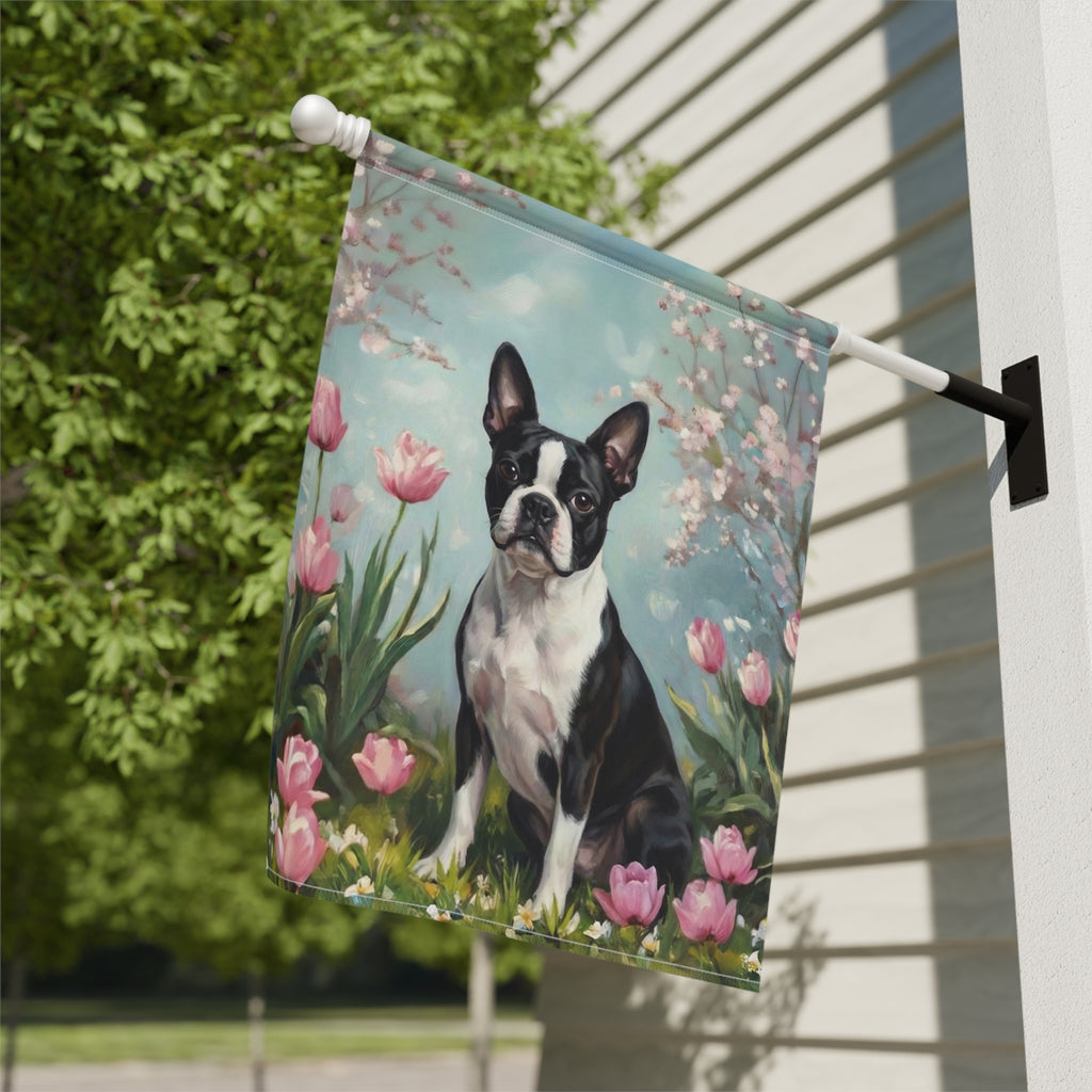 Black and White Boston Terrier in the Tulips Spring Garden Flag - yard display - Dragonfire Gardens