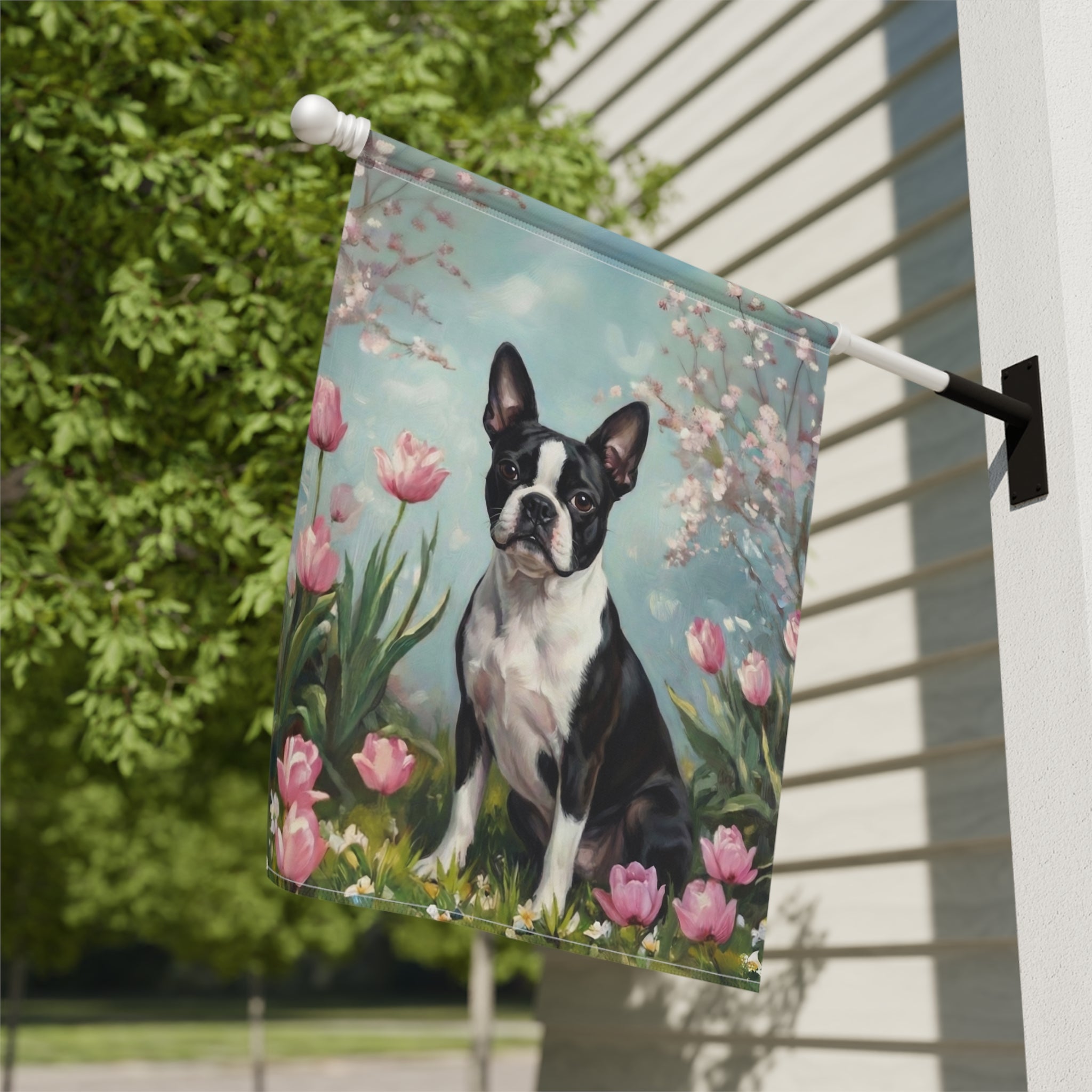 Black and White Boston Terrier in the Tulips Spring Garden Flag - yard display - Dragonfire Gardens