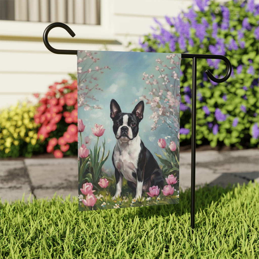 Black and White Boston Terrier in the Tulips Spring Garden Flag - close-up detail - Dragonfire Gardens