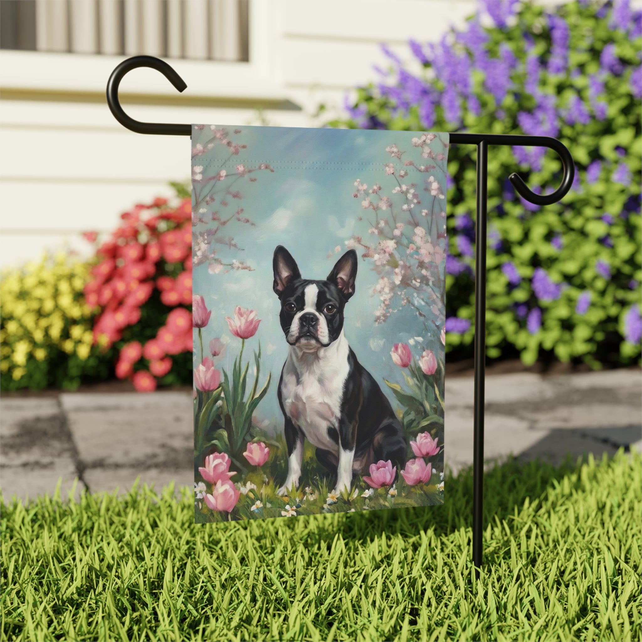 Black and White Boston Terrier in the Tulips Spring Garden Flag - close-up detail - Dragonfire Gardens