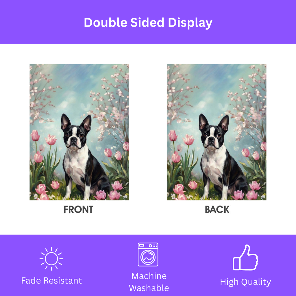 Black and White Boston Terrier in the Tulips Spring Garden Flag - porch decor - Dragonfire Gardens