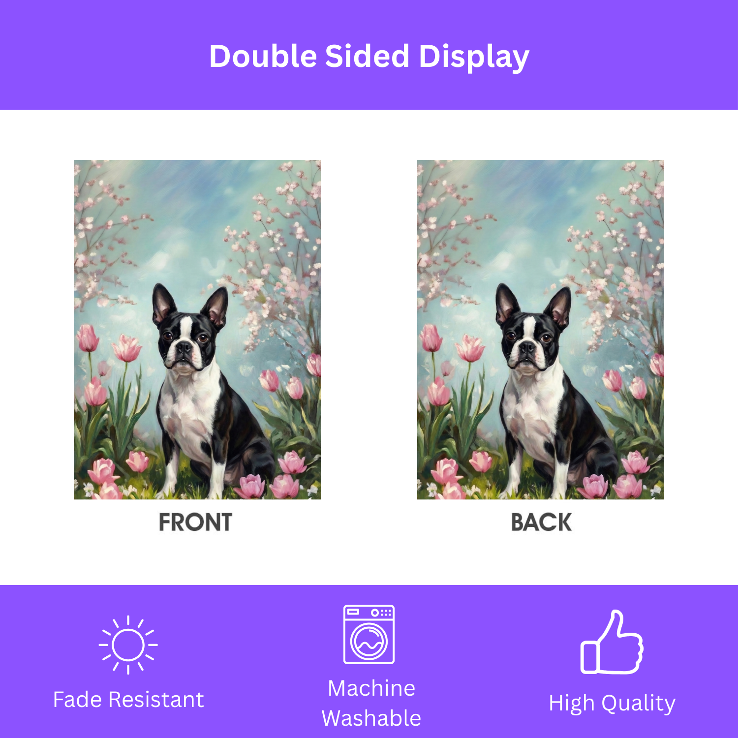 Black and White Boston Terrier in the Tulips Spring Garden Flag - porch decor - Dragonfire Gardens