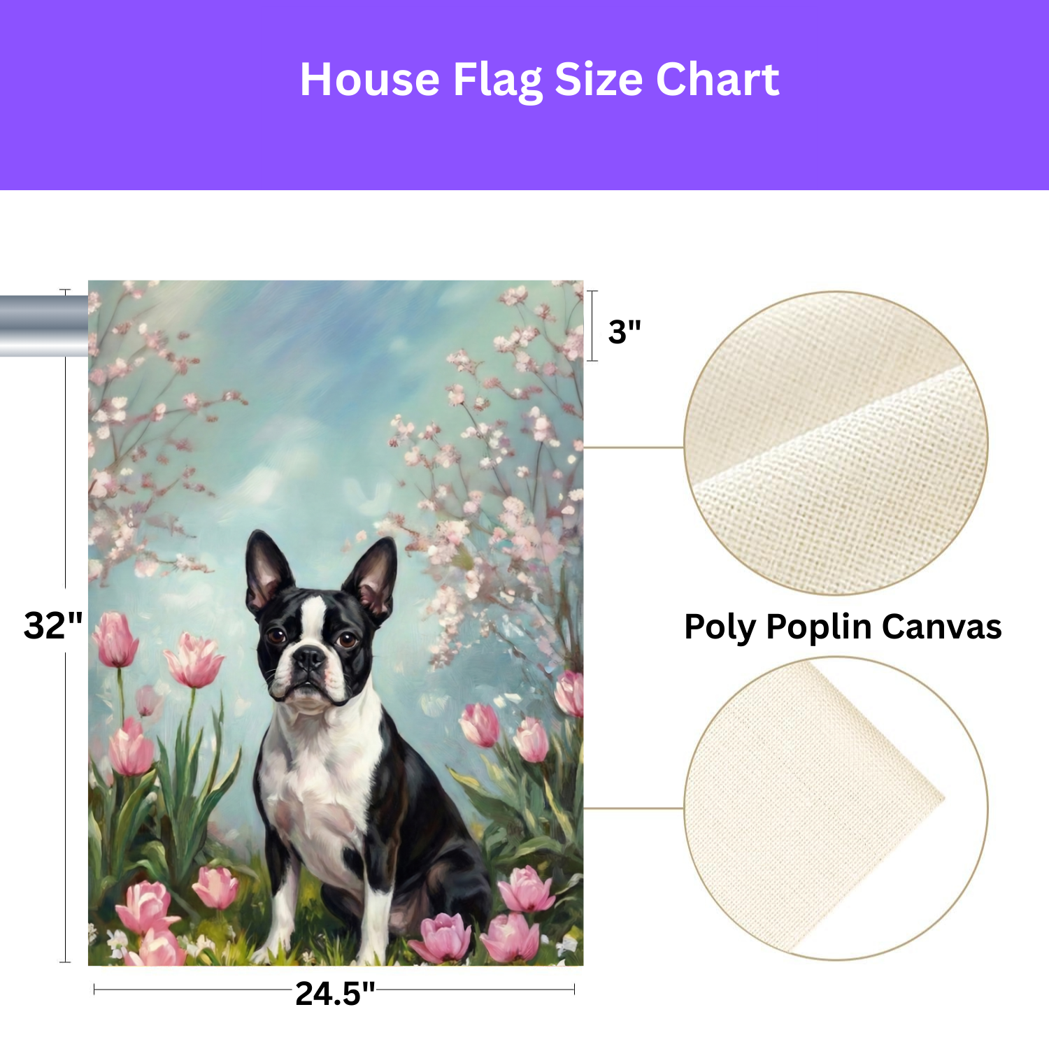 Black and White Boston Terrier in the Tulips Spring Garden Flag - size comparison - Dragonfire Gardens