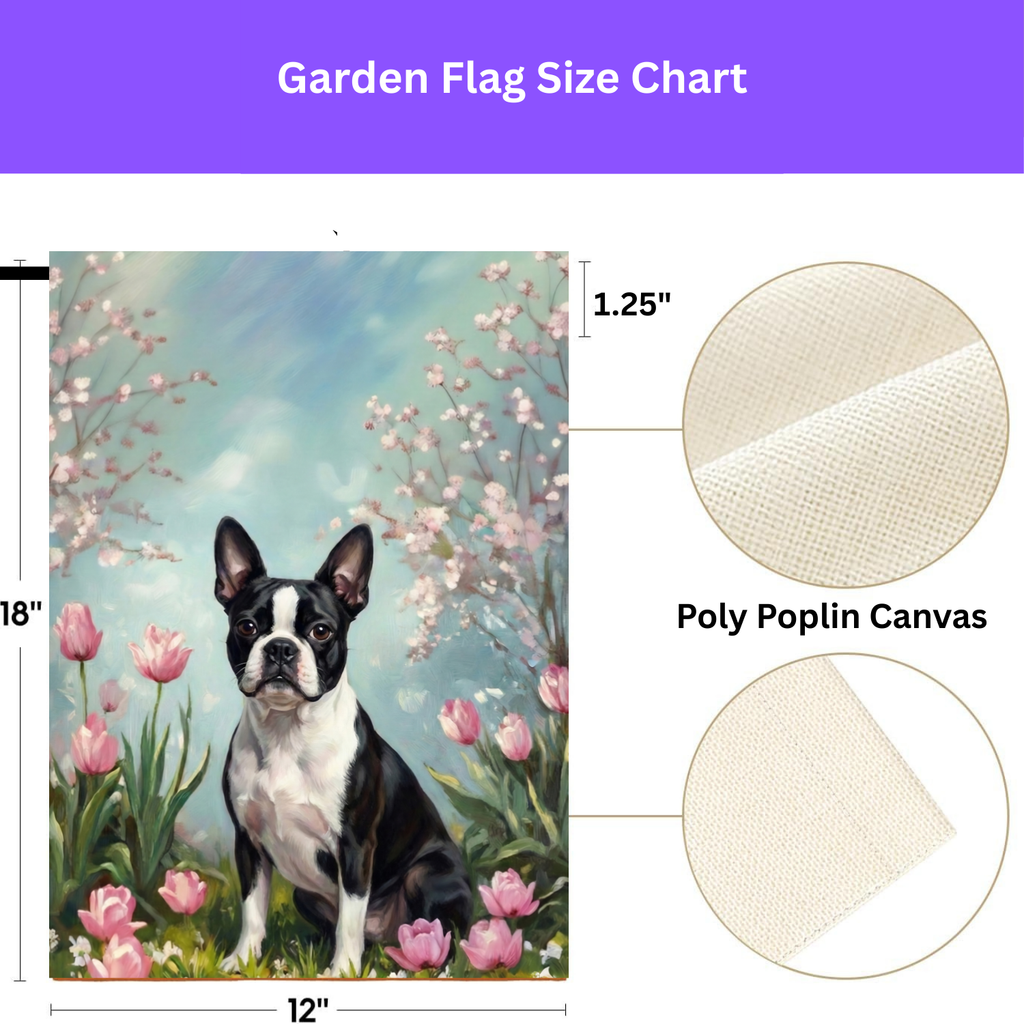 Black and White Boston Terrier in the Tulips Spring Garden Flag - double-sided design - Dragonfire Gardens