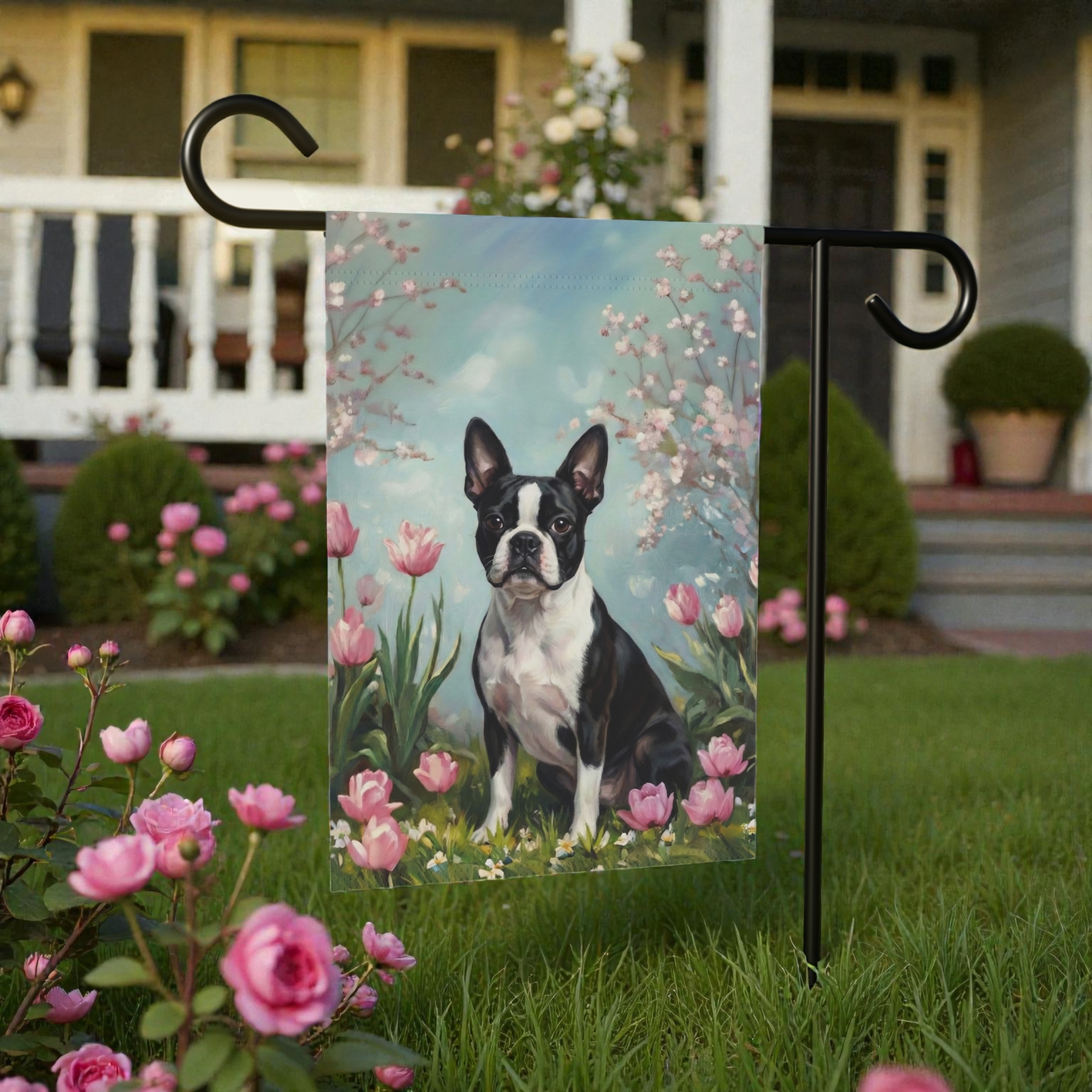 Black and White Boston Terrier in the Tulips Spring Garden Flag - front view - Dragonfire Gardens