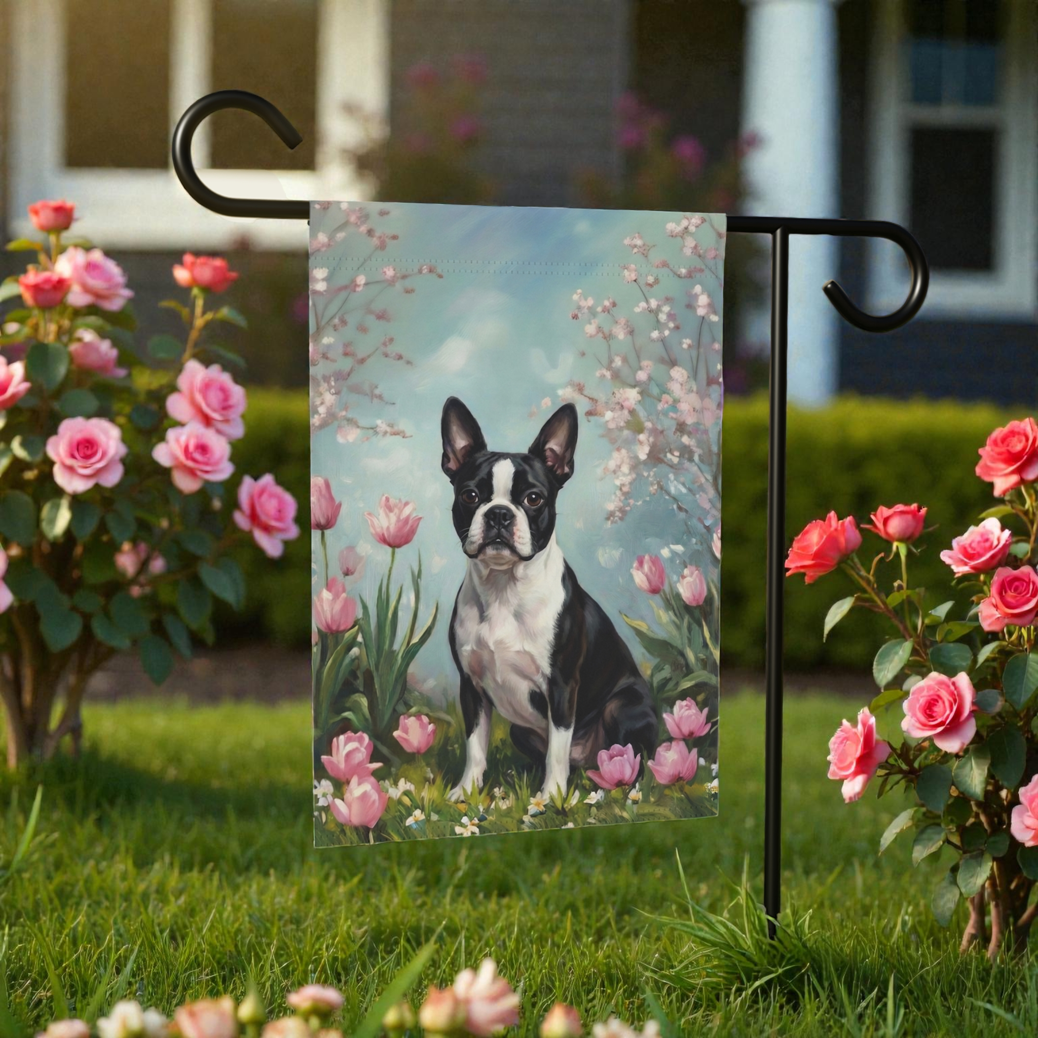 Black and White Boston Terrier in the Tulips Spring Garden Flag - lifestyle display - Dragonfire Gardens