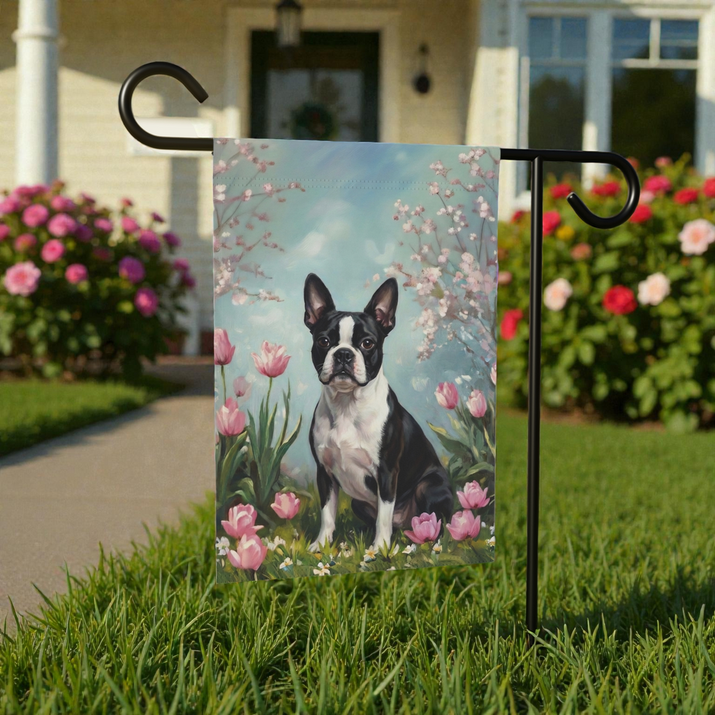 Black and White Boston Terrier in the Tulips Spring Garden Flag - outdoor display - Dragonfire Gardens
