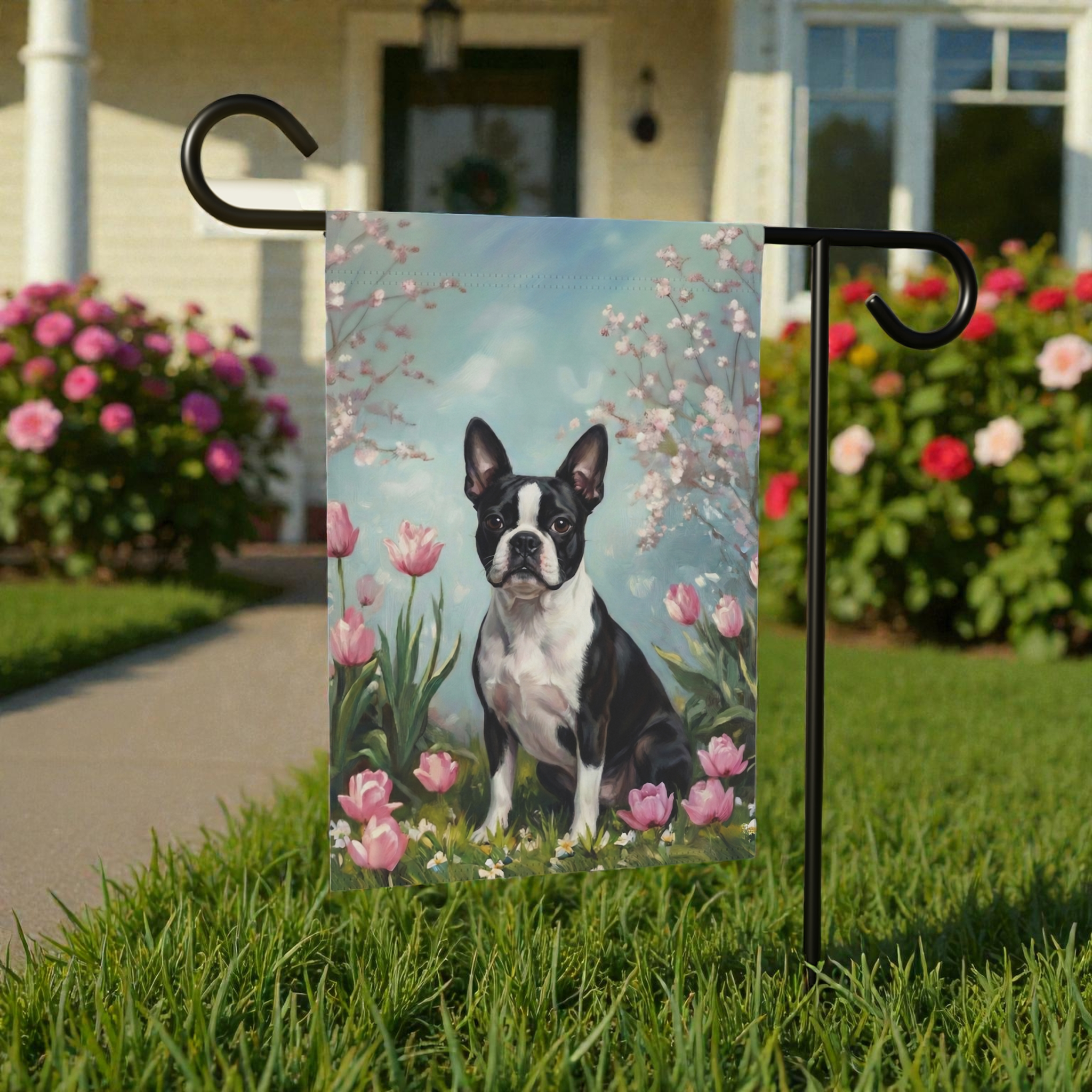 Black and White Boston Terrier in the Tulips Spring Garden Flag - outdoor display - Dragonfire Gardens