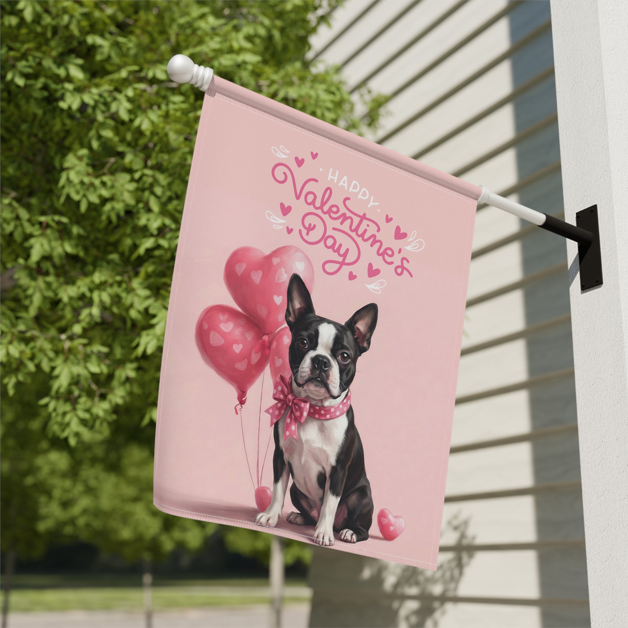 Black and White Boston Terrier Happy Valentine's Day Garden Flag