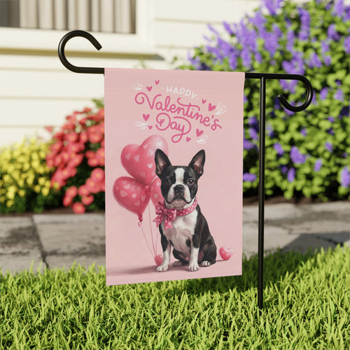 Black and White Boston Terrier Happy Valentine's Day Garden Flag - outdoor display - Dragonfire Gardens