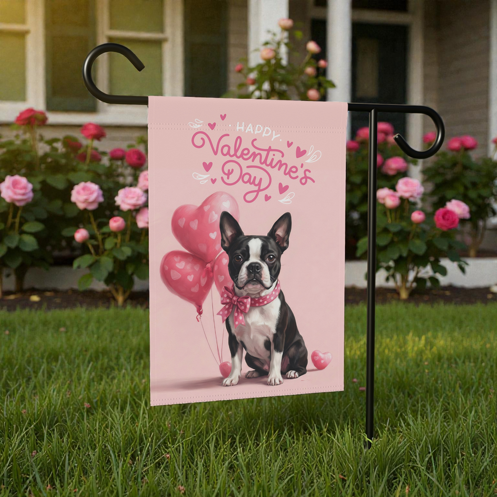 Black and White Boston Terrier Happy Valentine's Day Garden Flag